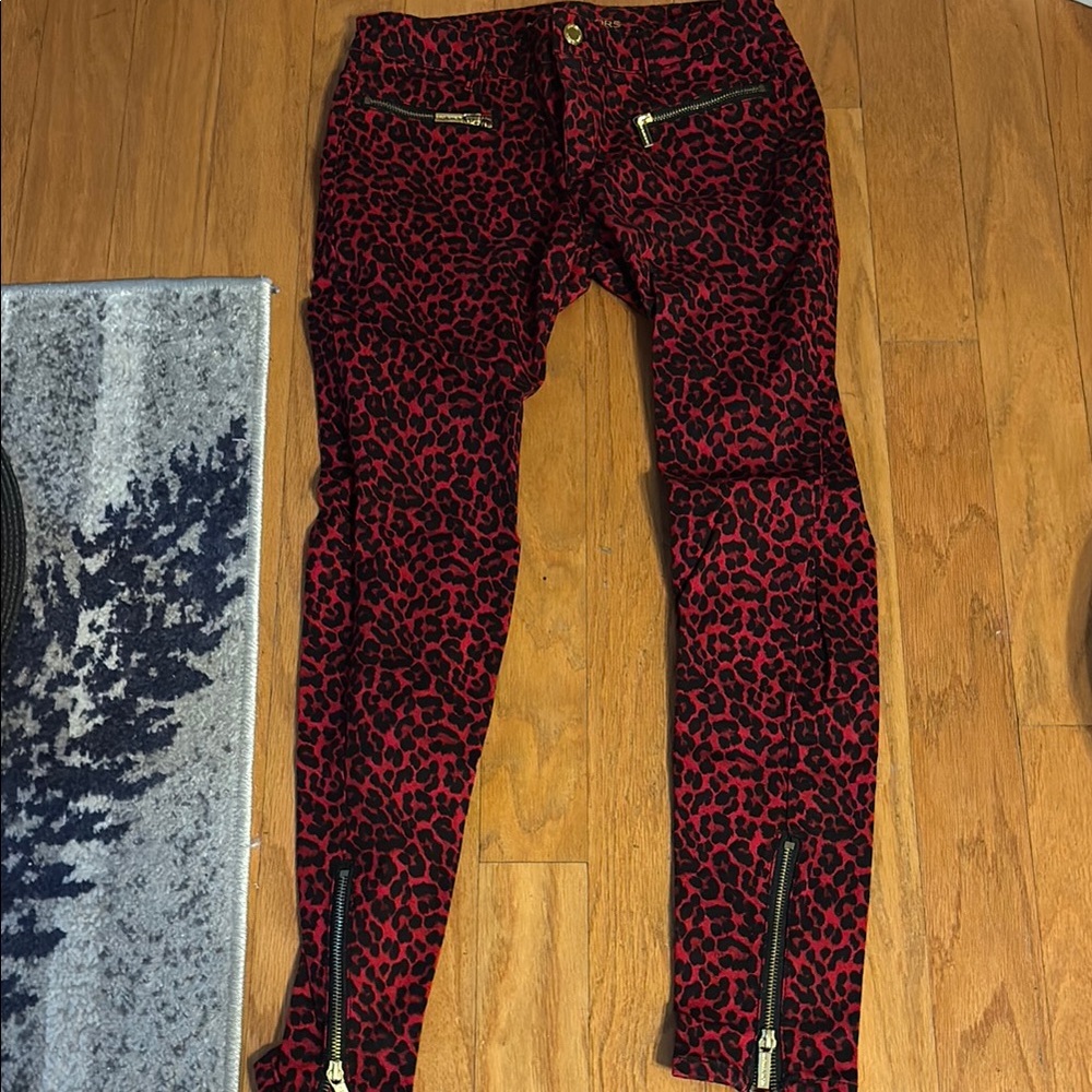 Michael Kors Red and Black Leopard Print Pants with Zipper Accents